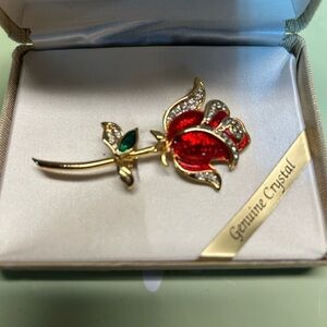 Jennifer Moore Red and Gold Crystal Rose Brooch